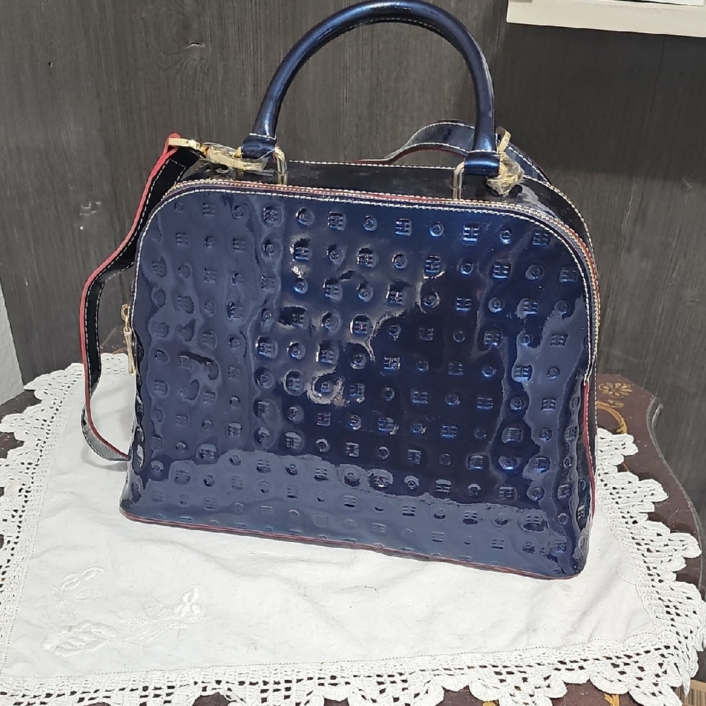Arcadia Navy Patent Satchel with Red Trim and Gold Hardware